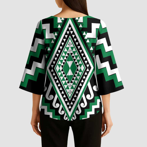 Green New Zealand Taniko Poutama Patikitiki Kimono Sleeve Blouse - Aussie Hoodie