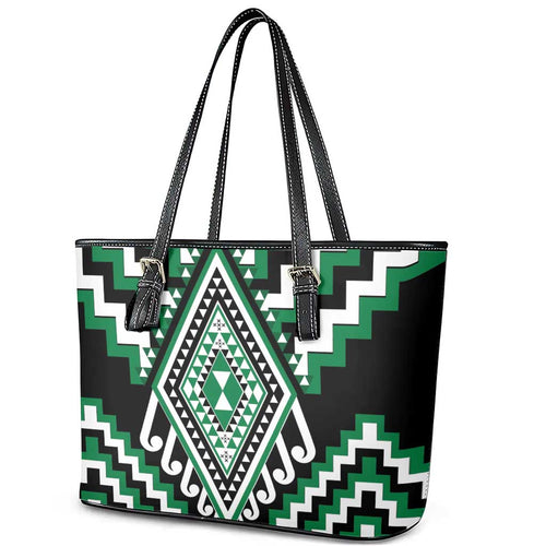 Green Aotearoa Taniko Poutama Patikitiki Leather Tote Bag