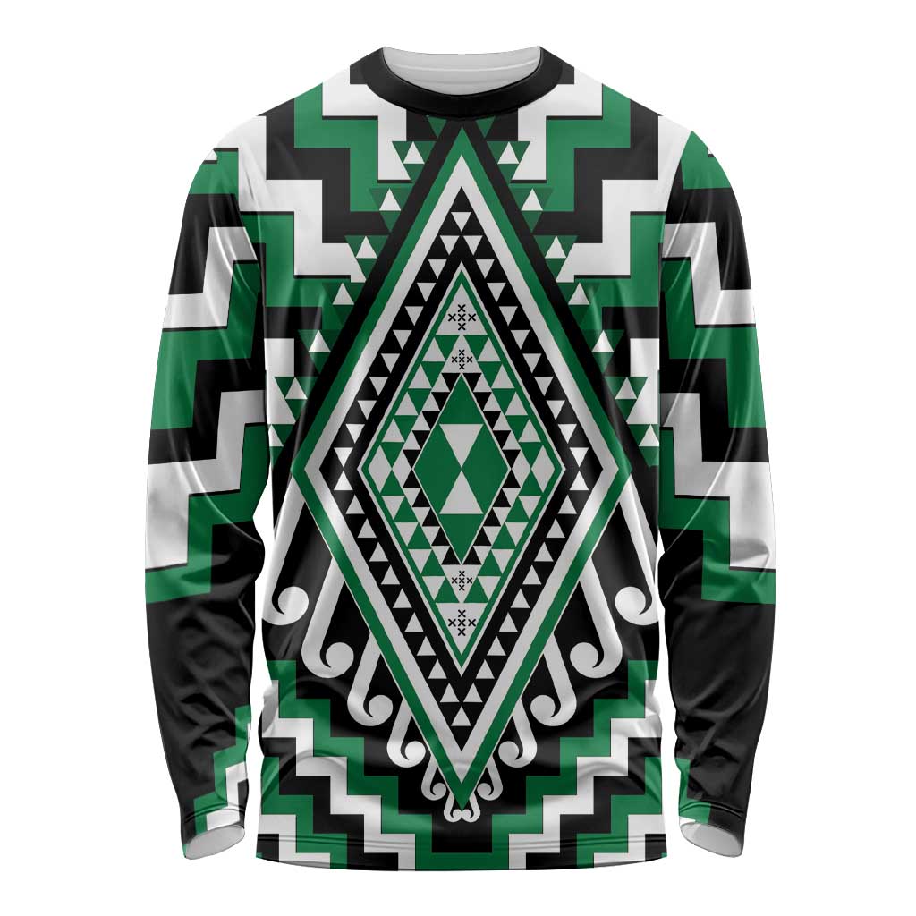Green Aotearoa Taniko Poutama Patikitiki Long Sleeve Shirt