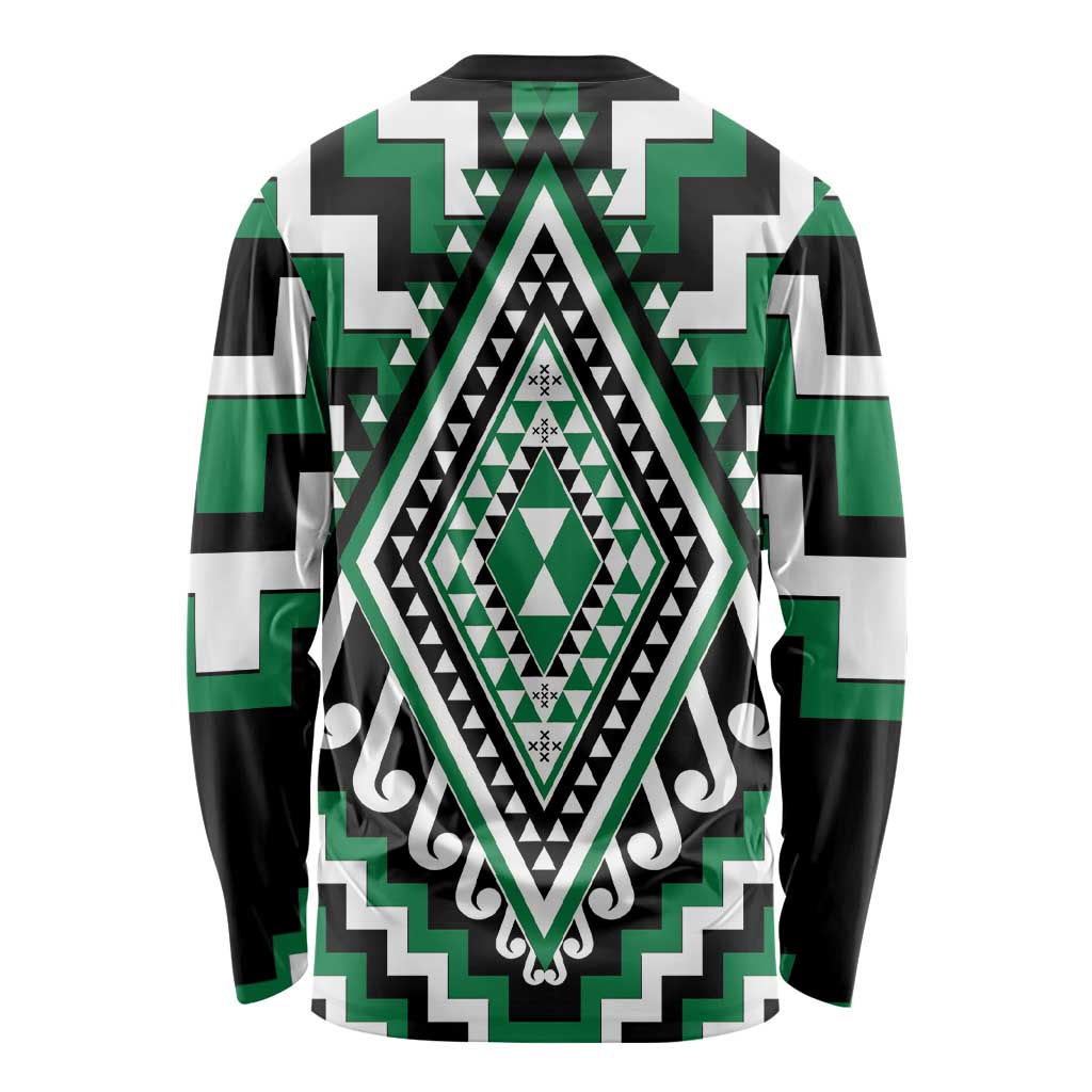 Green Aotearoa Taniko Poutama Patikitiki Long Sleeve Shirt