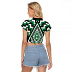 Green Aotearoa Taniko Poutama Patikitiki Raglan Cropped T Shirt