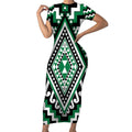 Green Aotearoa Taniko Poutama Patikitiki Short Sleeve Bodycon Dress