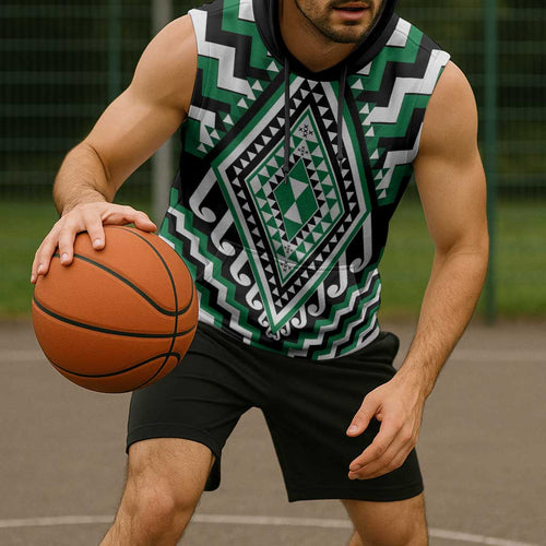 Green New Zealand Taniko Poutama Patikitiki Sleeveless Hoodie - Aussie Hoodie