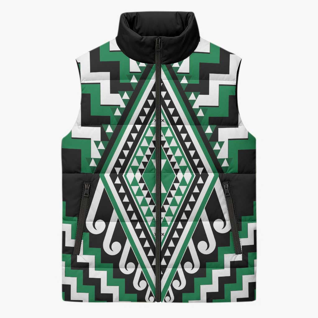 Green New Zealand Taniko Poutama Patikitiki Sleeveless Puffer Jacket - Aussie Hoodie