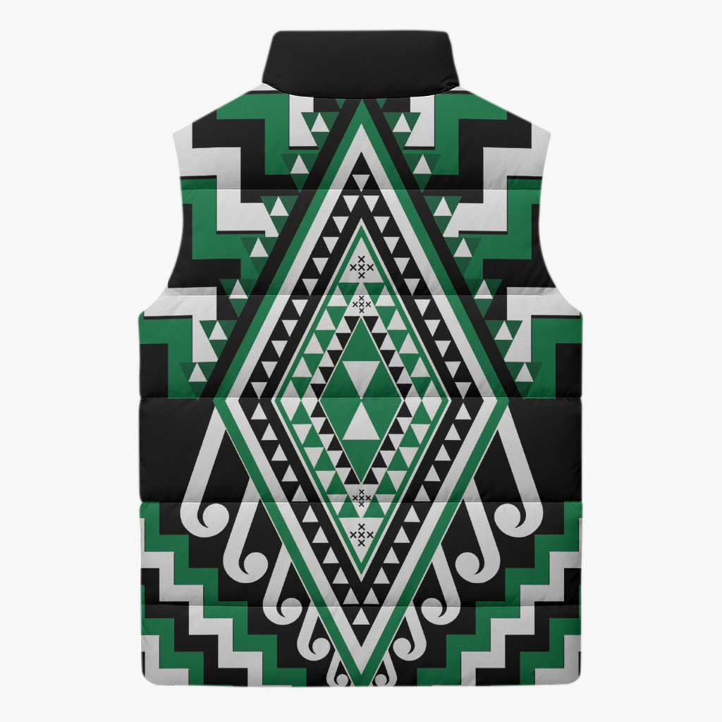 Green New Zealand Taniko Poutama Patikitiki Sleeveless Puffer Jacket - Aussie Hoodie