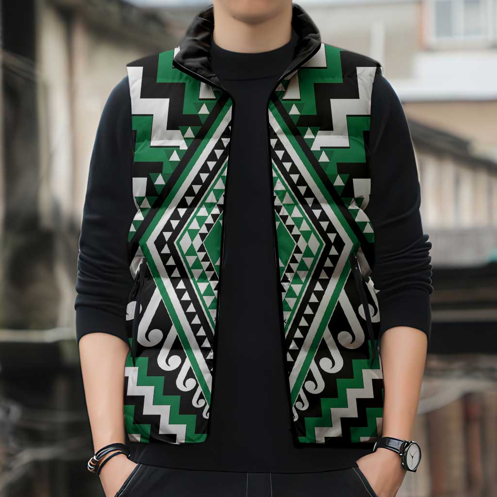 Green New Zealand Taniko Poutama Patikitiki Sleeveless Puffer Jacket - Aussie Hoodie
