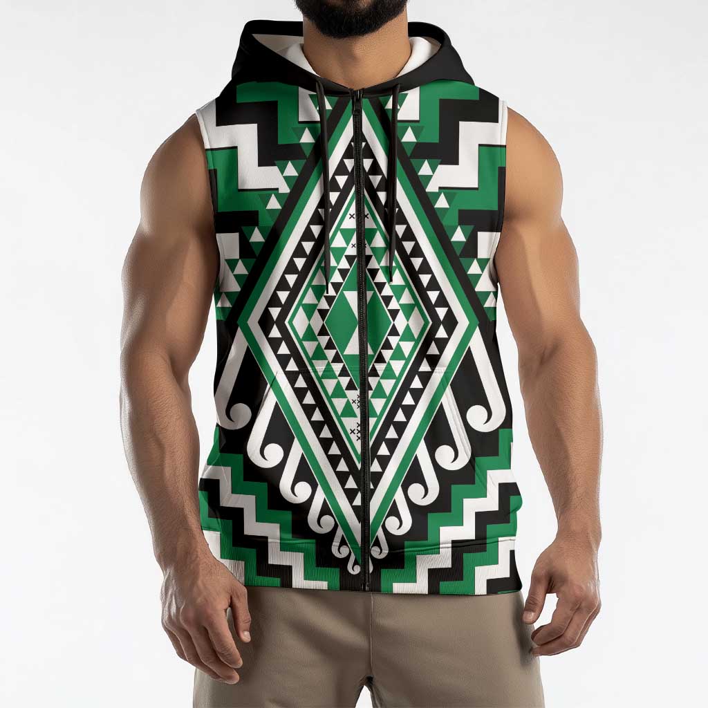 Green New Zealand Taniko Poutama Patikitiki Sleeveless Zip Hoodie LT14