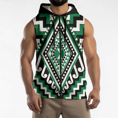 Green New Zealand Taniko Poutama Patikitiki Sleeveless Zip Hoodie LT14