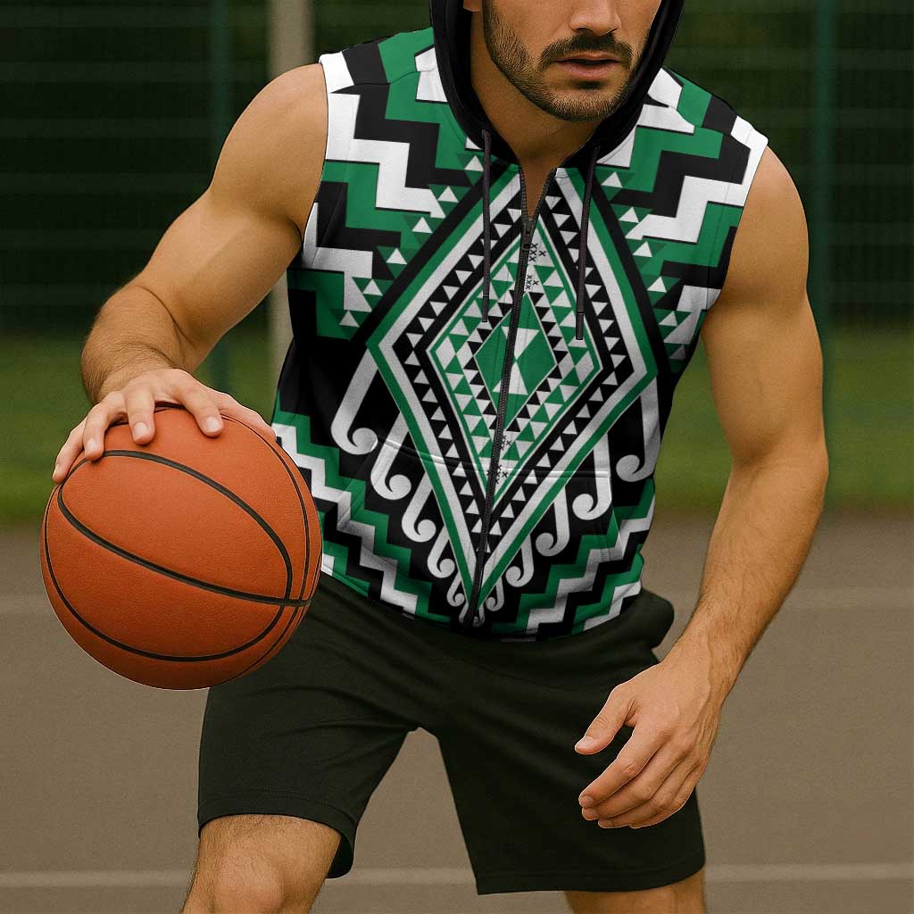 Green New Zealand Taniko Poutama Patikitiki Sleeveless Zip Hoodie LT14