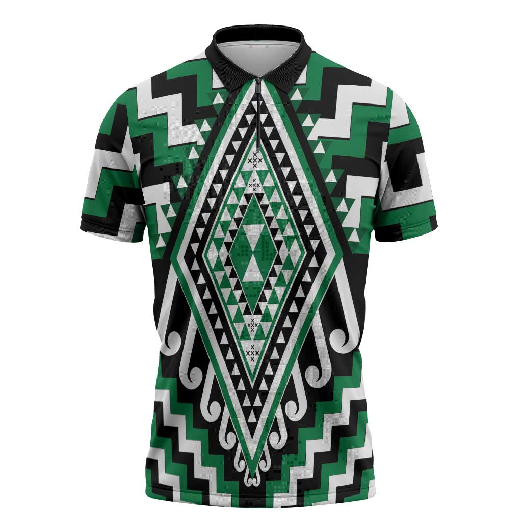 Green New Zealand Taniko Poutama Patikitiki Zipper Polo Shirt - Aussie Hoodie