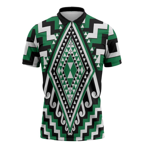 Green New Zealand Taniko Poutama Patikitiki Zipper Polo Shirt - Aussie Hoodie