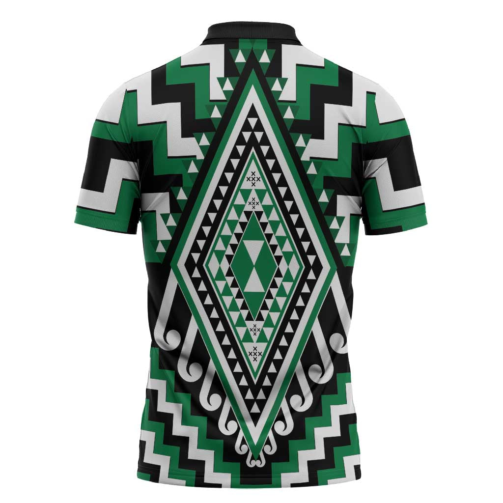 Green New Zealand Taniko Poutama Patikitiki Zipper Polo Shirt - Aussie Hoodie