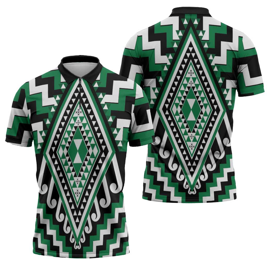 Green New Zealand Taniko Poutama Patikitiki Zipper Polo Shirt - Aussie Hoodie