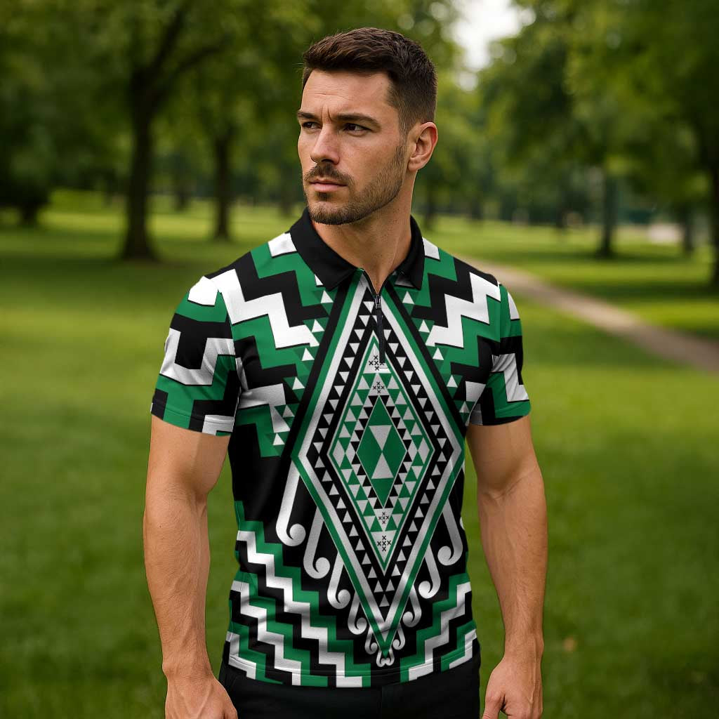 Green New Zealand Taniko Poutama Patikitiki Zipper Polo Shirt - Aussie Hoodie