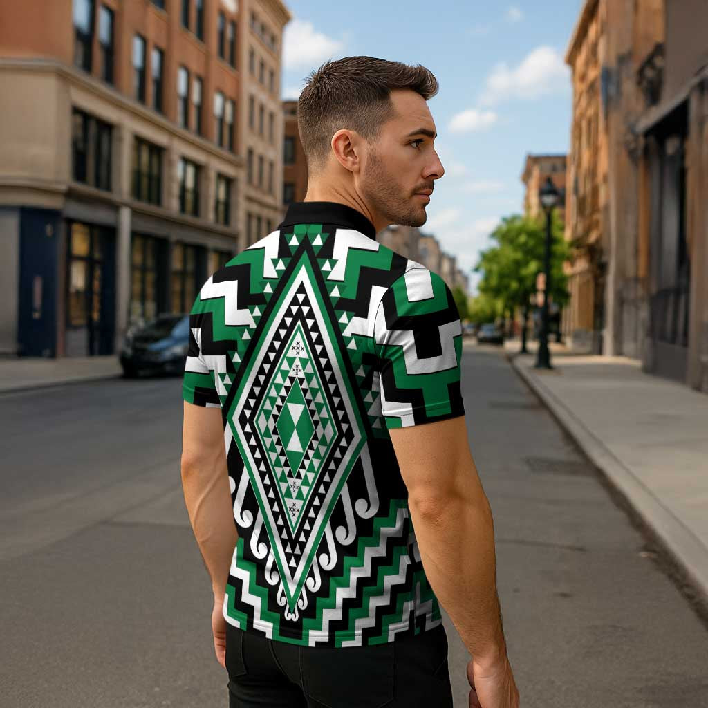 Green New Zealand Taniko Poutama Patikitiki Zipper Polo Shirt - Aussie Hoodie