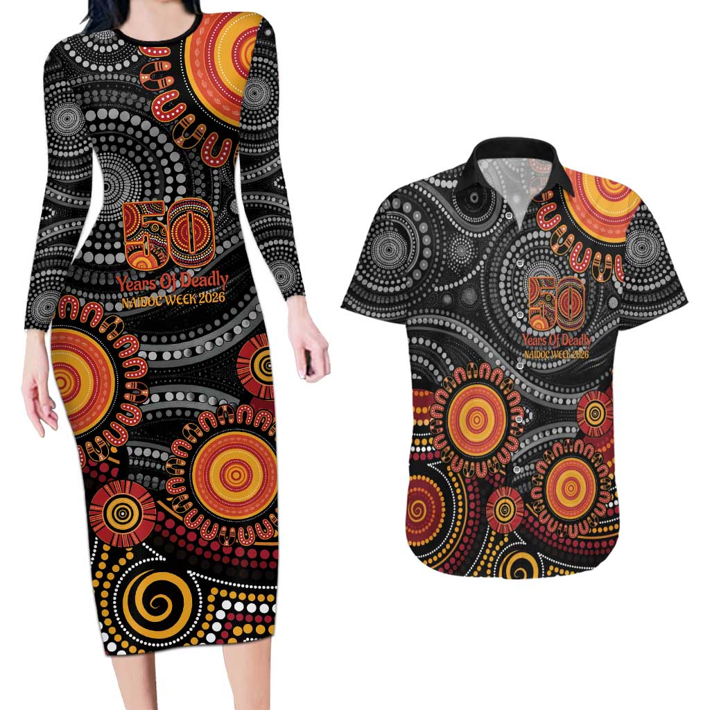 NAIDOC Week 50 Years Deadly Personalised Couples Matching Long Sleeve Bodycon Dress and Hawaiian Shirt Aboriginal Art