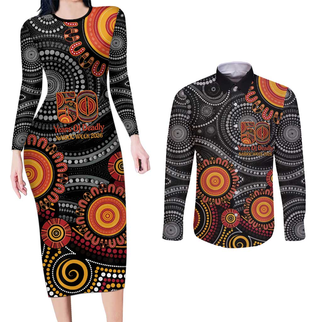 NAIDOC Week 50 Years Deadly Personalised Couples Matching Long Sleeve Bodycon Dress and Long Sleeve Button Shirt Aboriginal Art