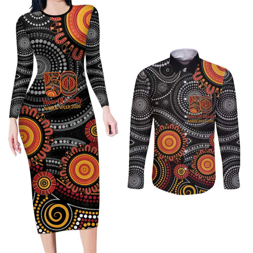 NAIDOC Week 50 Years Deadly Personalised Couples Matching Long Sleeve Bodycon Dress and Long Sleeve Button Shirt Aboriginal Art