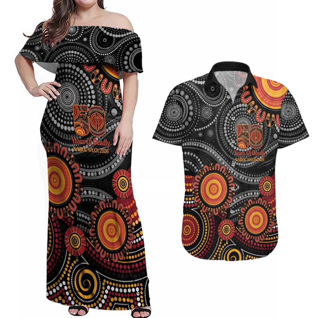 NAIDOC Week 50 Years Deadly Personalised Couples Matching Off Shoulder Maxi Dress and Hawaiian Shirt Aboriginal Art