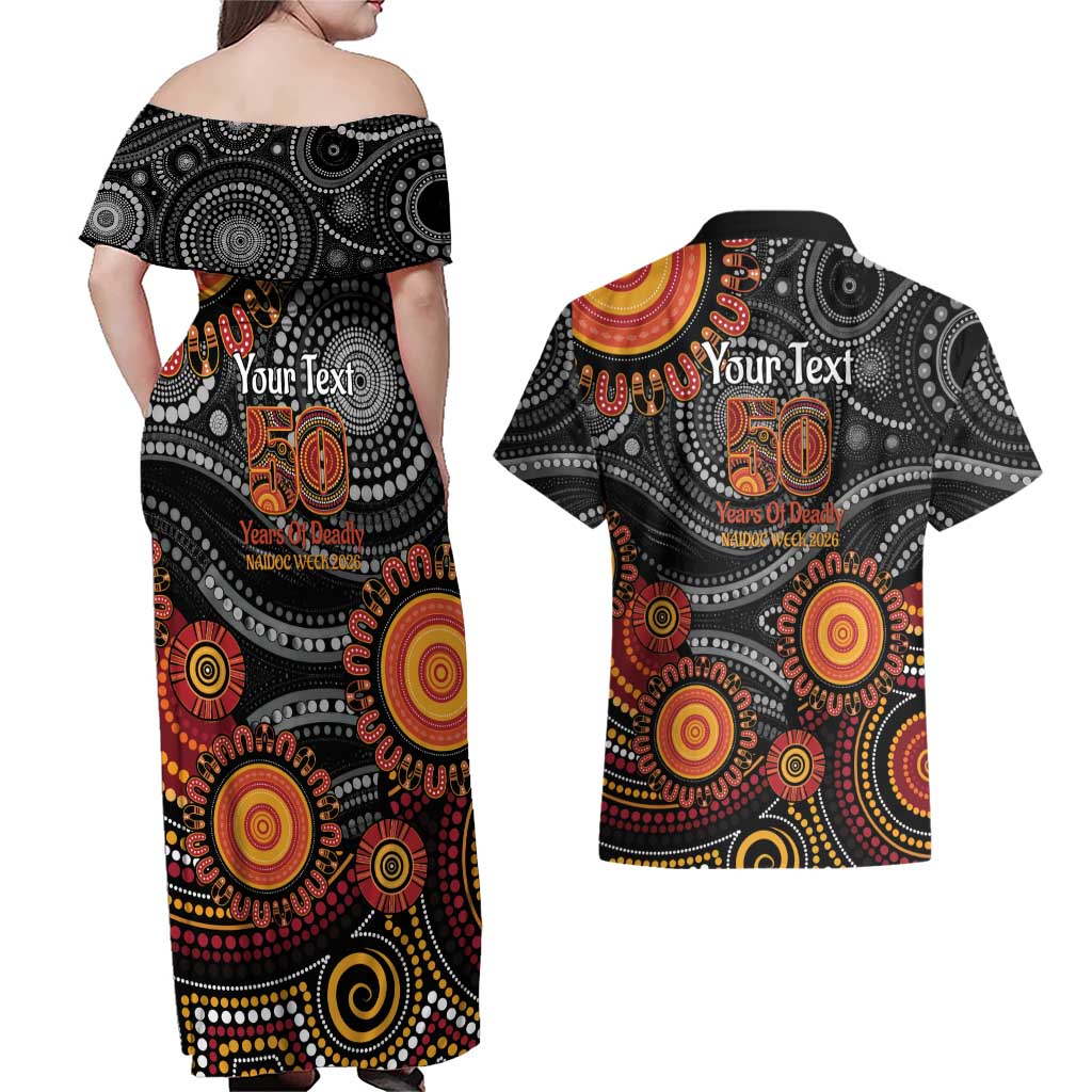 NAIDOC Week 50 Years Deadly Personalised Couples Matching Off Shoulder Maxi Dress and Hawaiian Shirt Aboriginal Art