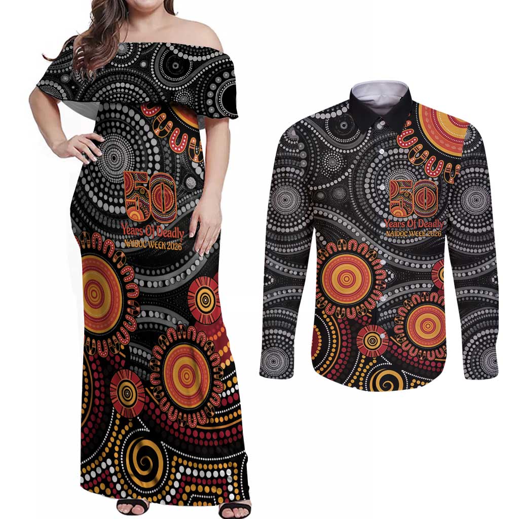 NAIDOC Week 50 Years Deadly Personalised Couples Matching Off Shoulder Maxi Dress and Long Sleeve Button Shirt Aboriginal Art