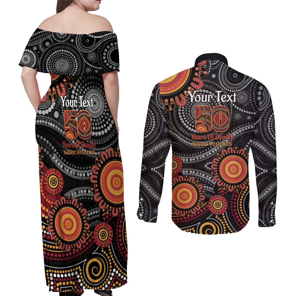 NAIDOC Week 50 Years Deadly Personalised Couples Matching Off Shoulder Maxi Dress and Long Sleeve Button Shirt Aboriginal Art