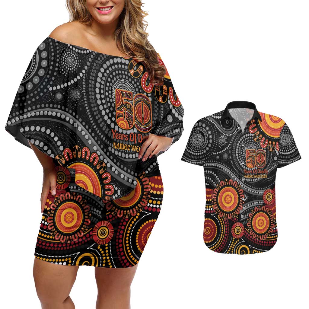 NAIDOC Week 50 Years Deadly Personalised Couples Matching Off Shoulder Short Dress and Hawaiian Shirt Aboriginal Art
