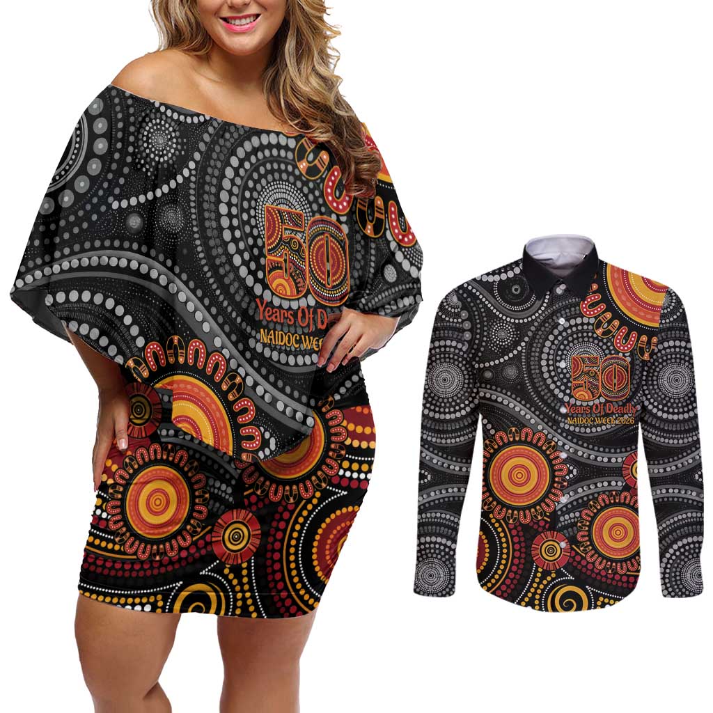 NAIDOC Week 50 Years Deadly Personalised Couples Matching Off Shoulder Short Dress and Long Sleeve Button Shirt Aboriginal Art