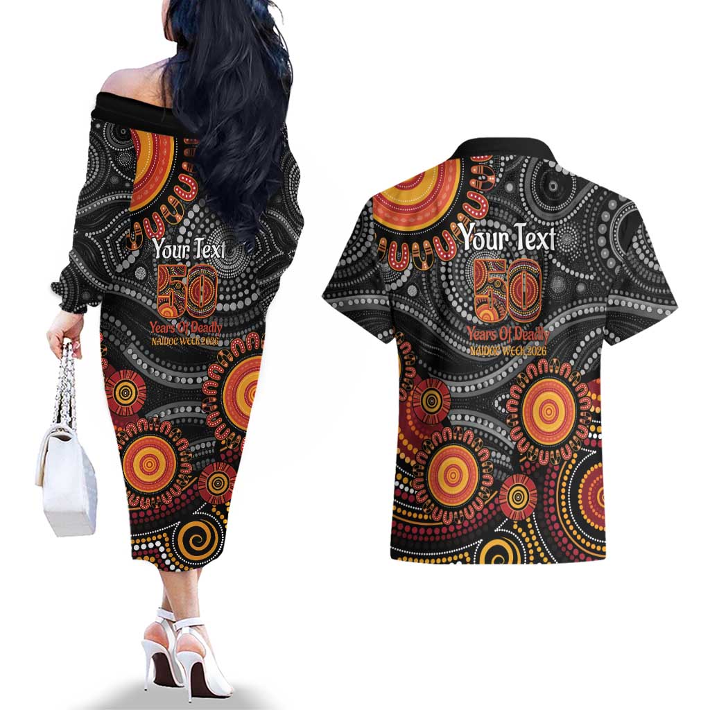 NAIDOC Week 50 Years Deadly Personalised Couples Matching Off The Shoulder Long Sleeve Dress and Hawaiian Shirt Aboriginal Art