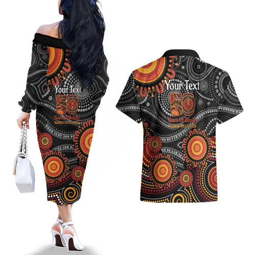 NAIDOC Week 50 Years Deadly Personalised Couples Matching Off The Shoulder Long Sleeve Dress and Hawaiian Shirt Aboriginal Art