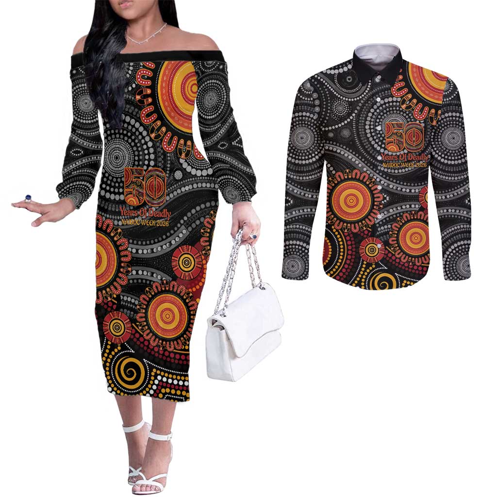 NAIDOC Week 50 Years Deadly Personalised Couples Matching Off The Shoulder Long Sleeve Dress and Long Sleeve Button Shirt Aboriginal Art
