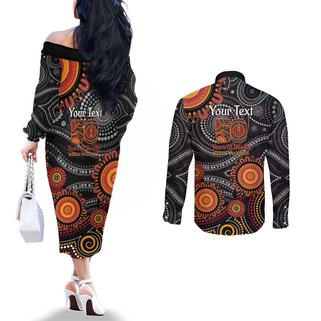 NAIDOC Week 50 Years Deadly Personalised Couples Matching Off The Shoulder Long Sleeve Dress and Long Sleeve Button Shirt Aboriginal Art