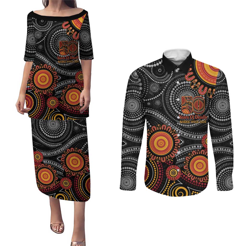 NAIDOC Week 50 Years Deadly Personalised Couples Matching Puletasi and Long Sleeve Button Shirt Aboriginal Art