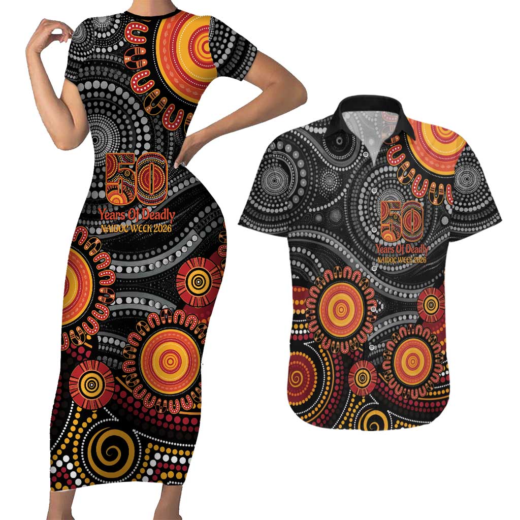 NAIDOC Week 50 Years Deadly Personalised Couples Matching Short Sleeve Bodycon Dress and Hawaiian Shirt Aboriginal Art