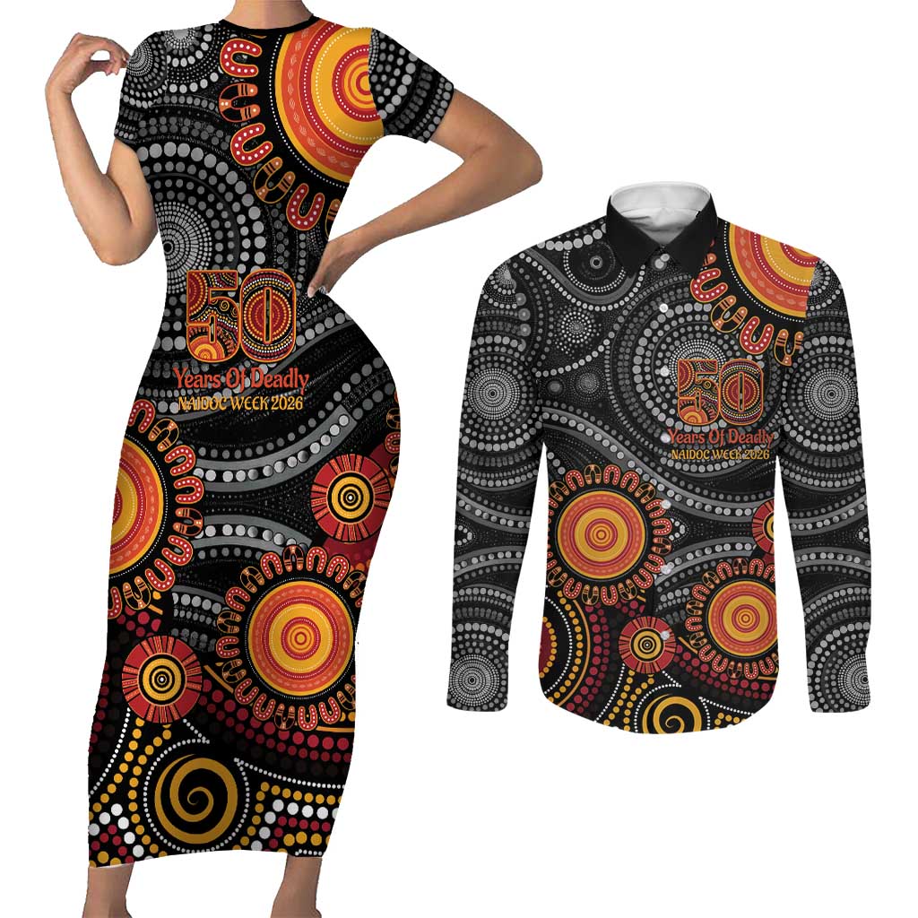 NAIDOC Week 50 Years Deadly Personalised Couples Matching Short Sleeve Bodycon Dress and Long Sleeve Button Shirt Aboriginal Art