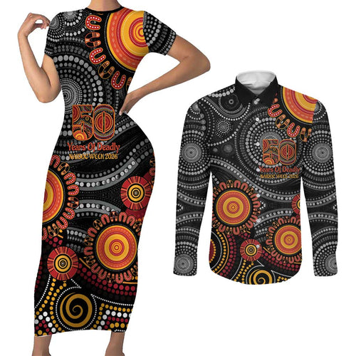 NAIDOC Week 50 Years Deadly Personalised Couples Matching Short Sleeve Bodycon Dress and Long Sleeve Button Shirt Aboriginal Art