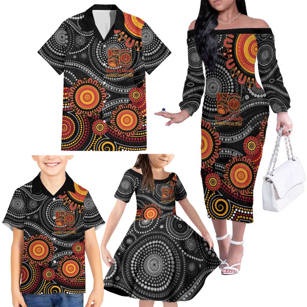NAIDOC Week 50 Years Deadly Personalised Family Matching Off The Shoulder Long Sleeve Dress and Hawaiian Shirt Aboriginal Art