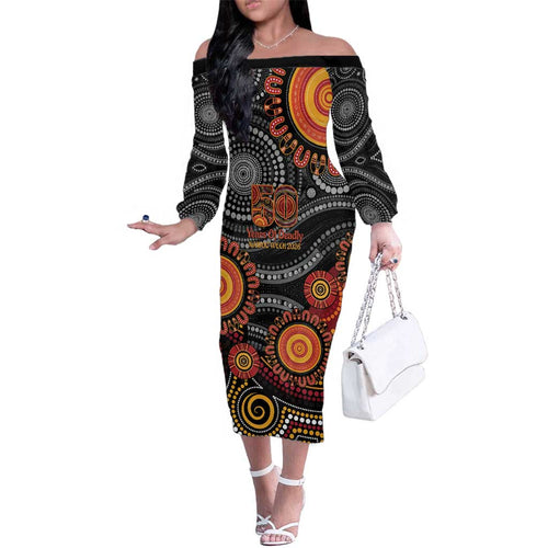 NAIDOC Week 50 Years Deadly Personalised Family Matching Off The Shoulder Long Sleeve Dress and Hawaiian Shirt Aboriginal Art