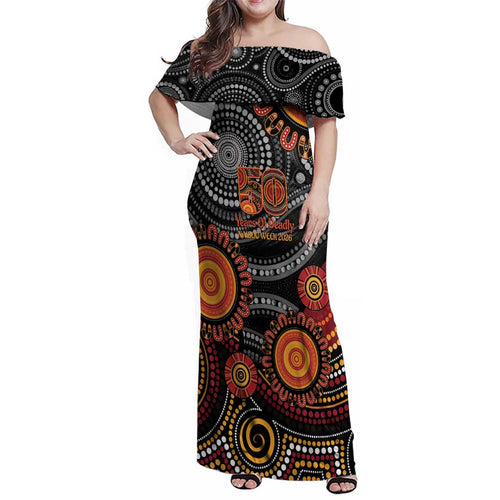 NAIDOC Week 50 Years Deadly Personalised Family Matching Off Shoulder Maxi Dress and Hawaiian Shirt Aboriginal Art