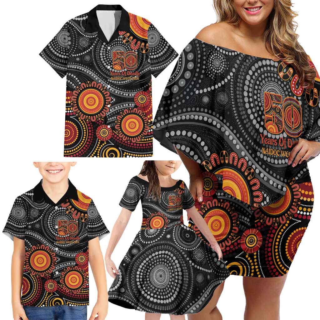 NAIDOC Week 50 Years Deadly Personalised Family Matching Off Shoulder Short Dress and Hawaiian Shirt Aboriginal Art