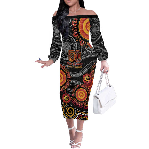 NAIDOC Week 50 Years Deadly Personalised Off The Shoulder Long Sleeve Dress Aboriginal Art