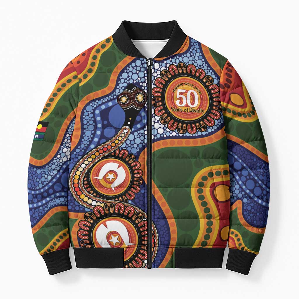 Australia NAIDOC Week 2026 Bomber Puffer Jacket 50 Years of Deadly Dhari Snake Aboriginal Art