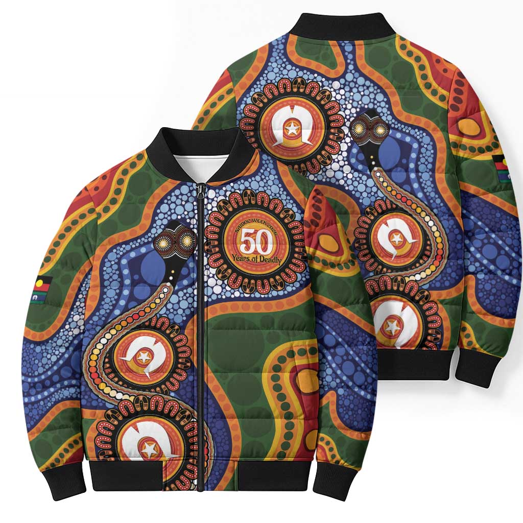 Australia NAIDOC Week 2026 Bomber Puffer Jacket 50 Years of Deadly Dhari Snake Aboriginal Art