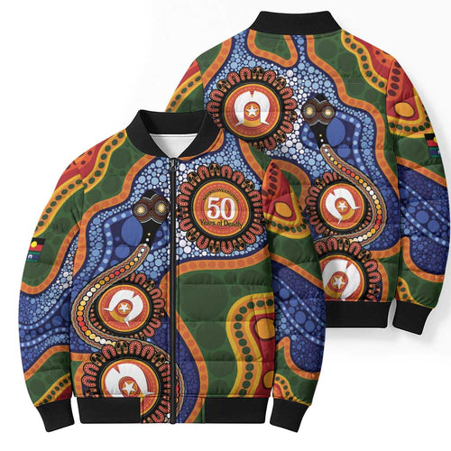 Australia NAIDOC Week 2026 Bomber Puffer Jacket 50 Years of Deadly Dhari Snake Aboriginal Art