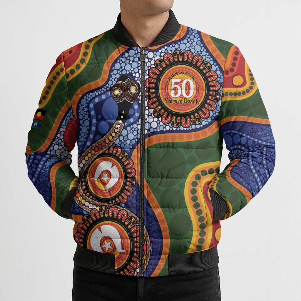 Australia NAIDOC Week 2026 Bomber Puffer Jacket 50 Years of Deadly Dhari Snake Aboriginal Art