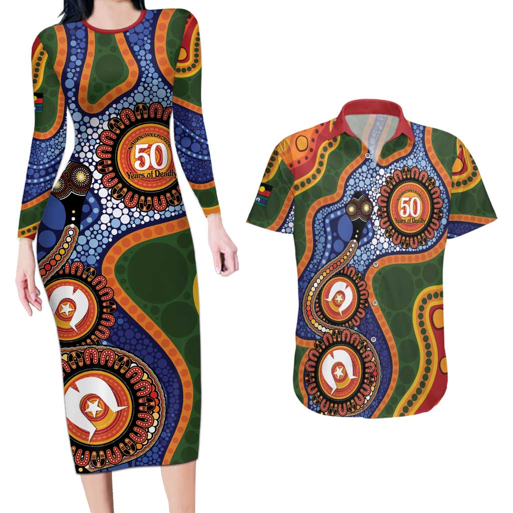 Australia NAIDOC Week 2026 Couples Matching Long Sleeve Bodycon Dress and Hawaiian Shirt 50 Years of Deadly Dhari Snake Aboriginal Art