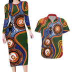 Australia NAIDOC Week 2026 Couples Matching Long Sleeve Bodycon Dress and Hawaiian Shirt 50 Years of Deadly Dhari Snake Aboriginal Art