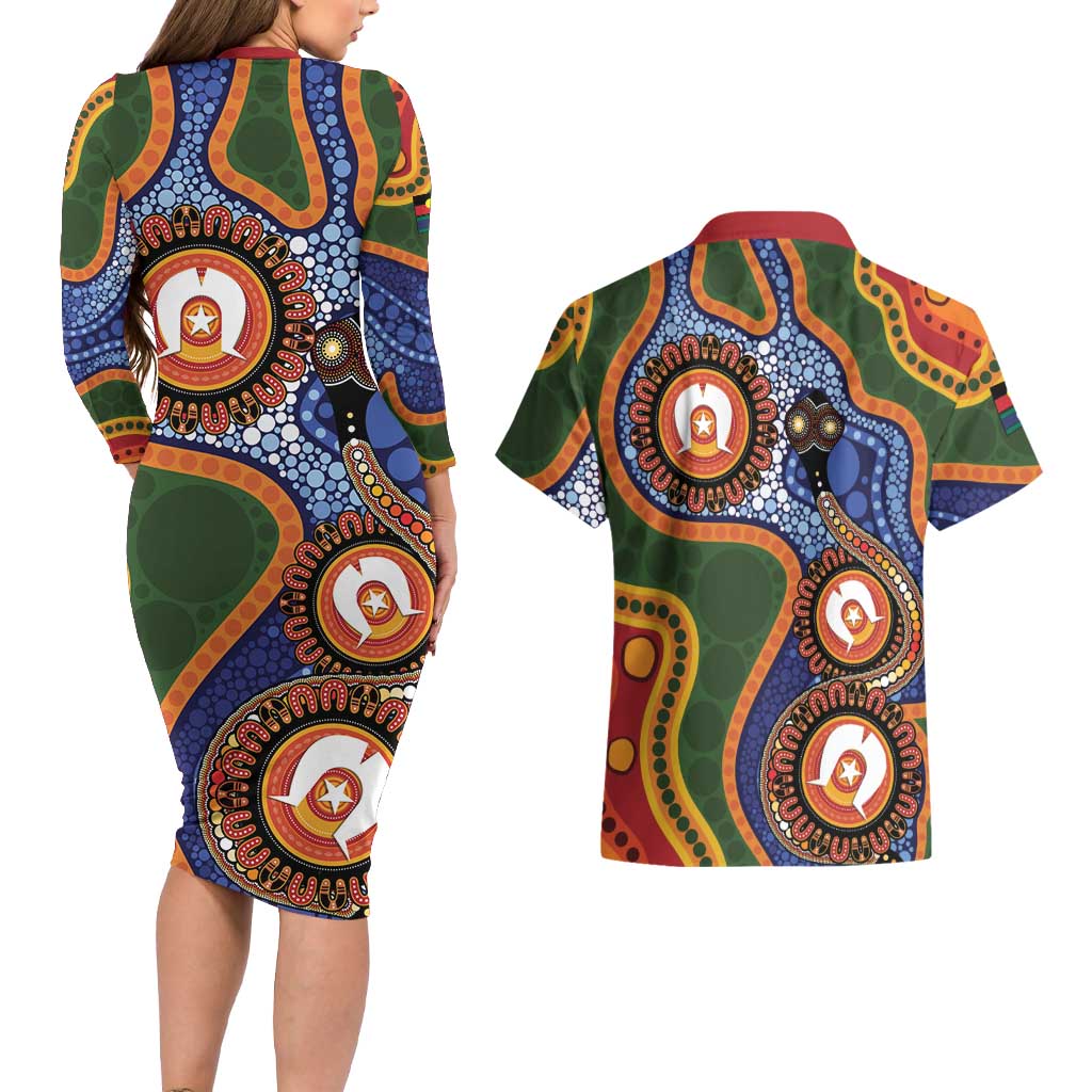 Australia NAIDOC Week 2026 Couples Matching Long Sleeve Bodycon Dress and Hawaiian Shirt 50 Years of Deadly Dhari Snake Aboriginal Art