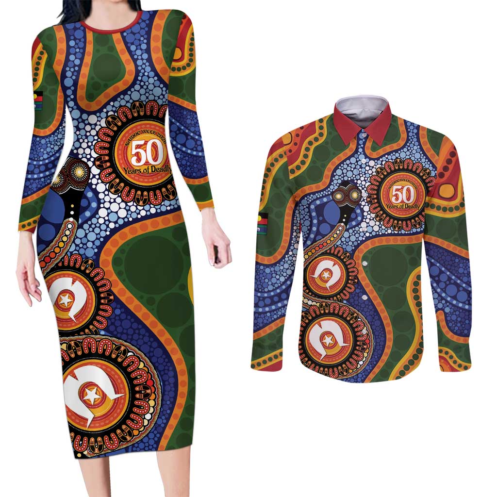 Australia NAIDOC Week 2026 Couples Matching Long Sleeve Bodycon Dress and Long Sleeve Button Shirt 50 Years of Deadly Dhari Snake Aboriginal Art