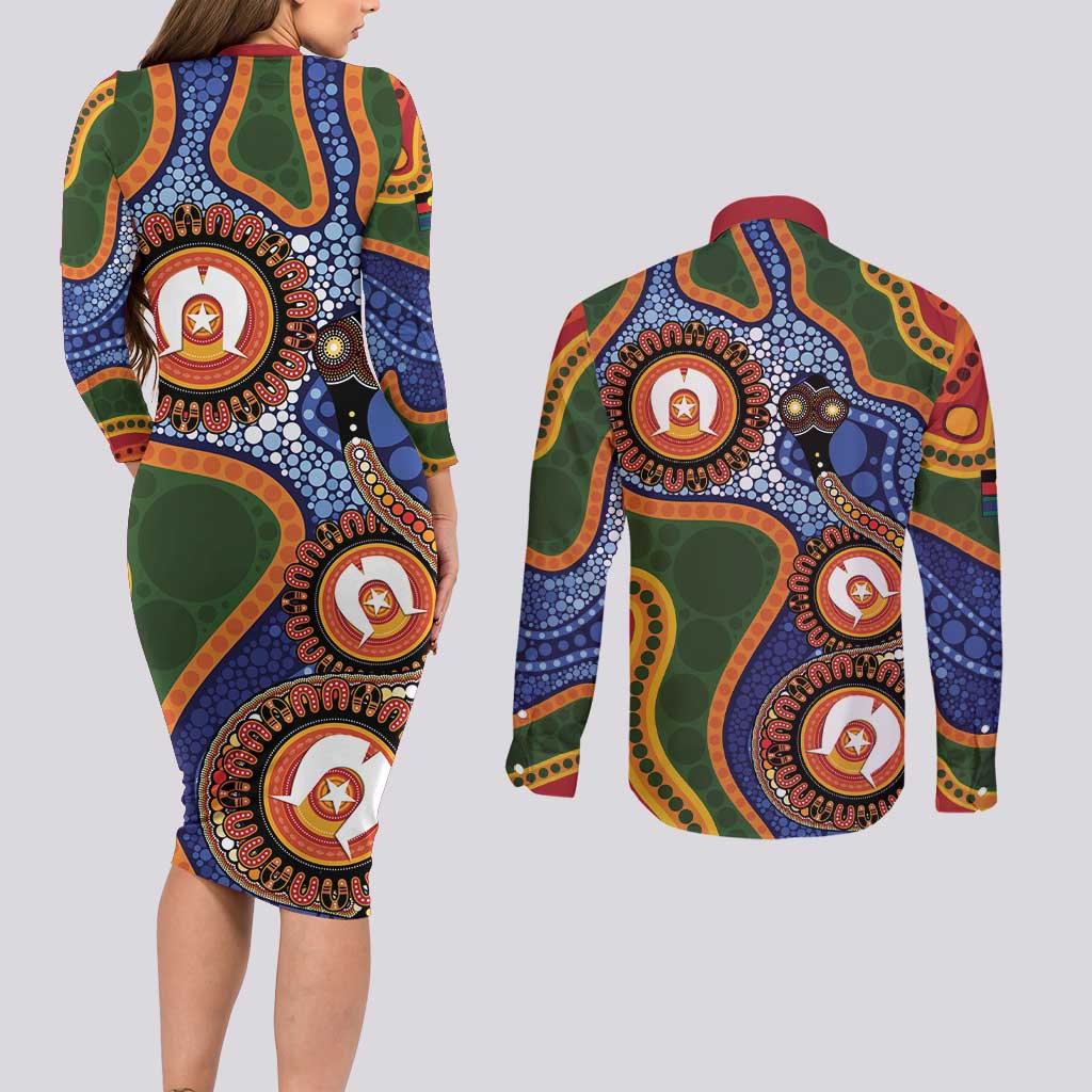 Australia NAIDOC Week 2026 Couples Matching Long Sleeve Bodycon Dress and Long Sleeve Button Shirt 50 Years of Deadly Dhari Snake Aboriginal Art